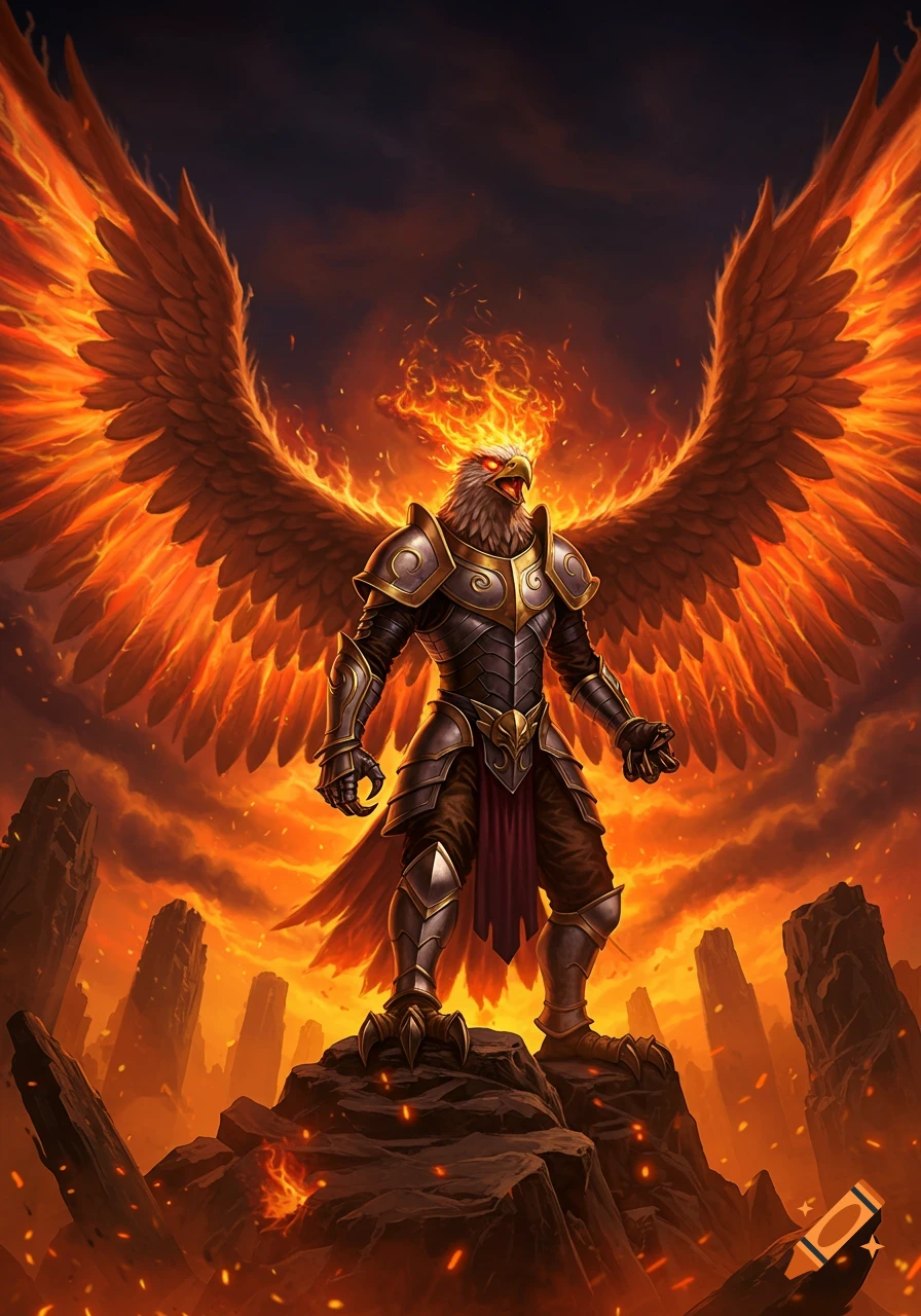 A powerful eagle warrior in elaborate armor with fiery wings and head stands on a rocky, burning landscape under an ominous sky.