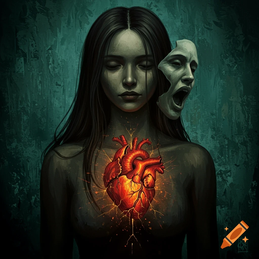 Surreal painting of a woman with a glowing heart in her chest and a screaming mask on her head, dark teal background.