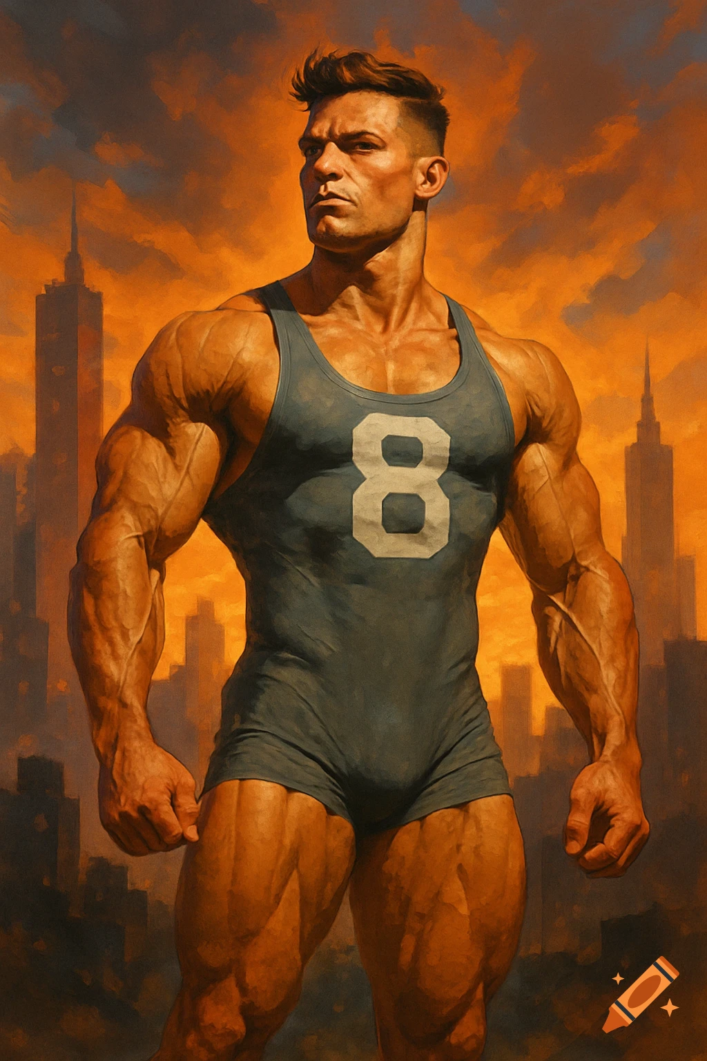 Muscular bodybuilder in a grey singlet with an '8' on the chest stands against an orange city skyline, painted style.