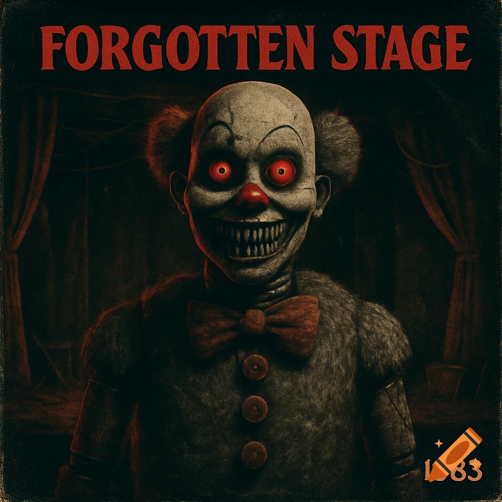 A vintage horror album cover features a creepy animatronic clown with red eyes, sharp teeth, and text 'FORGOTTEN STAGE 1983'.