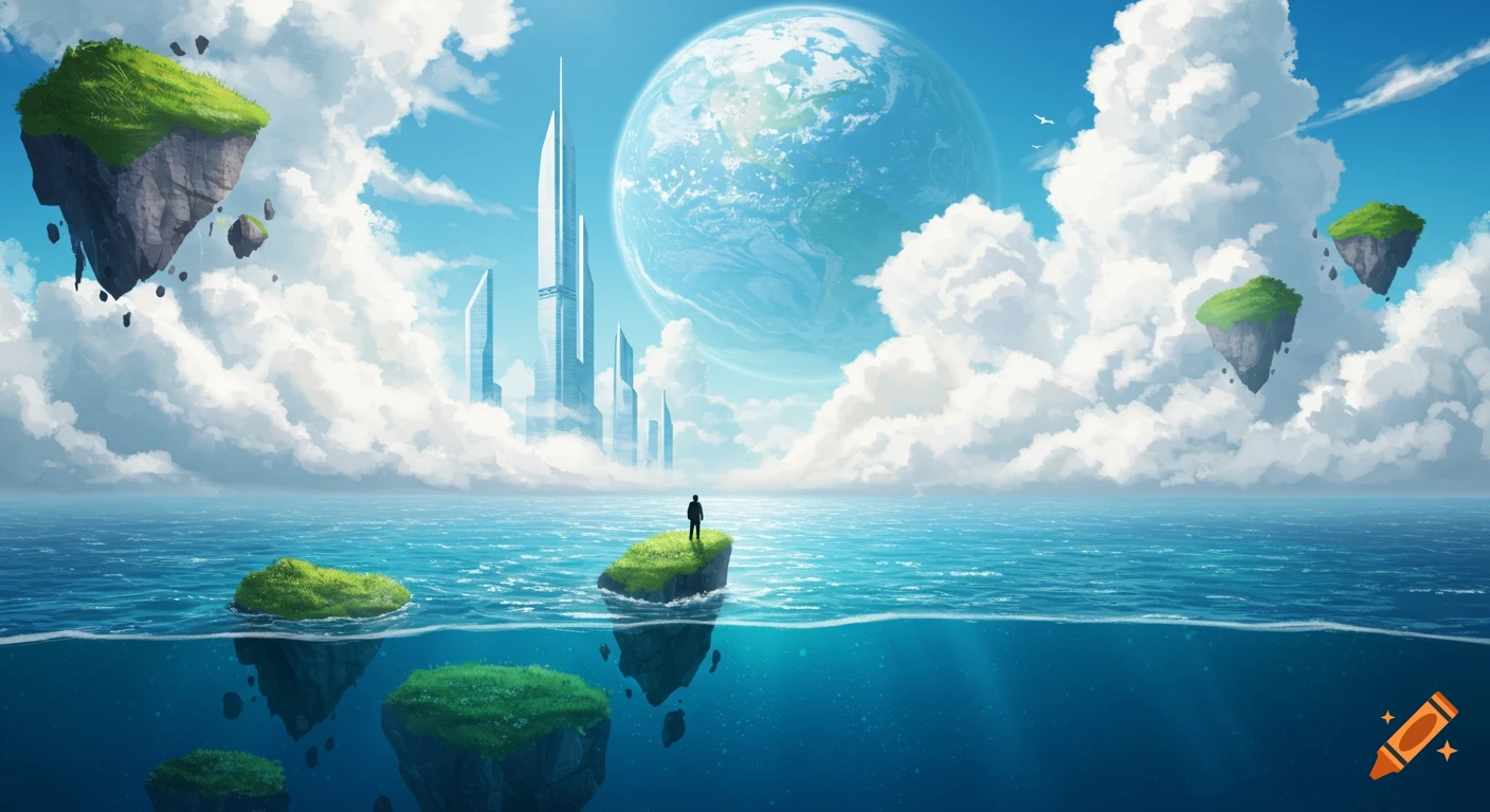 A person stands on a floating grassy island in a vast ocean, looking towards a huge planet in the sky with futuristic city skyscrapers emerging from clouds.