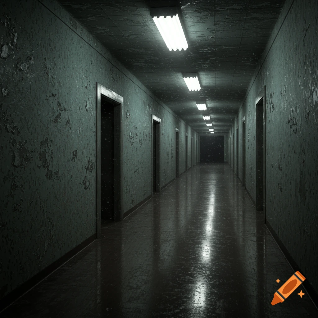 A dark, grimy, long hallway with peeling green walls and a reflective floor under harsh fluorescent lights, leading to a distant doorway.