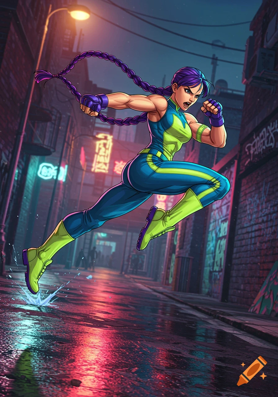 Kimberly from Street Fighter Six, a female fighter with purple braids, jumps in a blue and neon green jumpsuit down a dark, neon-lit city alley.