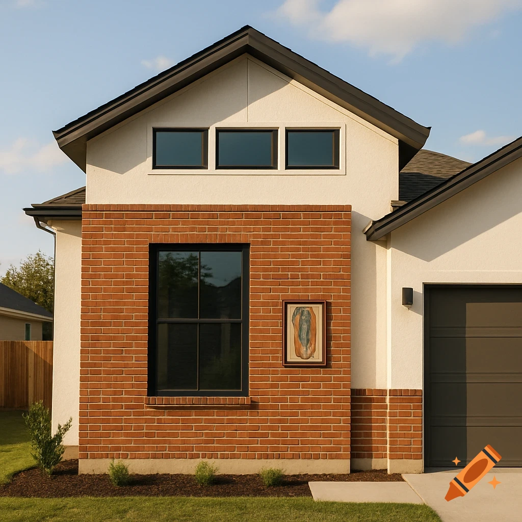 A modern house exterior with brick and white stucco, black-framed windows, a dark garage door, and a framed abstract artwork on the wall.