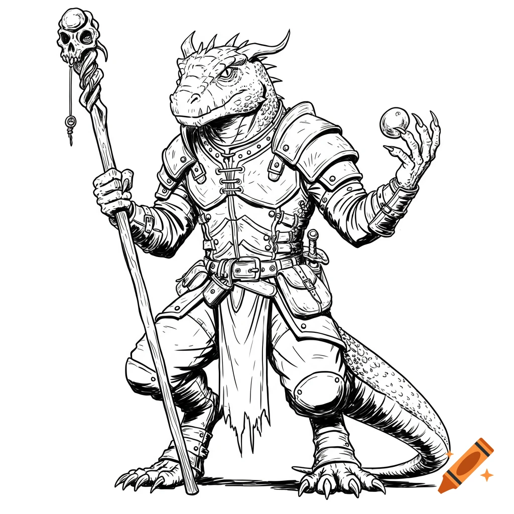 Black and white line art of an armored lizard man holding a skull-topped staff and an orb.