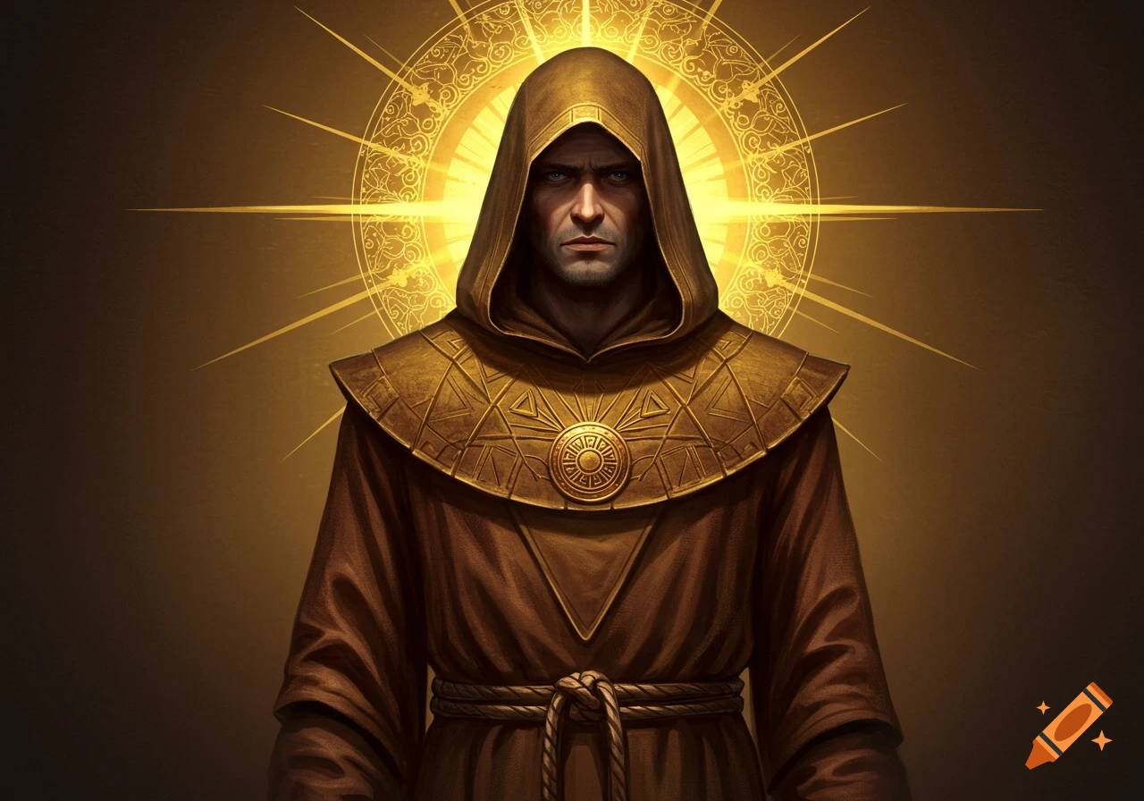 A realistic fantasy illustration of a mysterious hooded man in golden and brown robes with an intense expression, backed by a glowing golden halo.