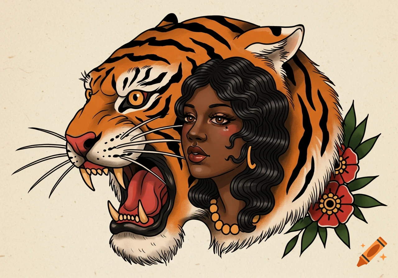 American traditional tattoo flash of an African-American woman's head in a roaring tiger's mouth with red flowers.