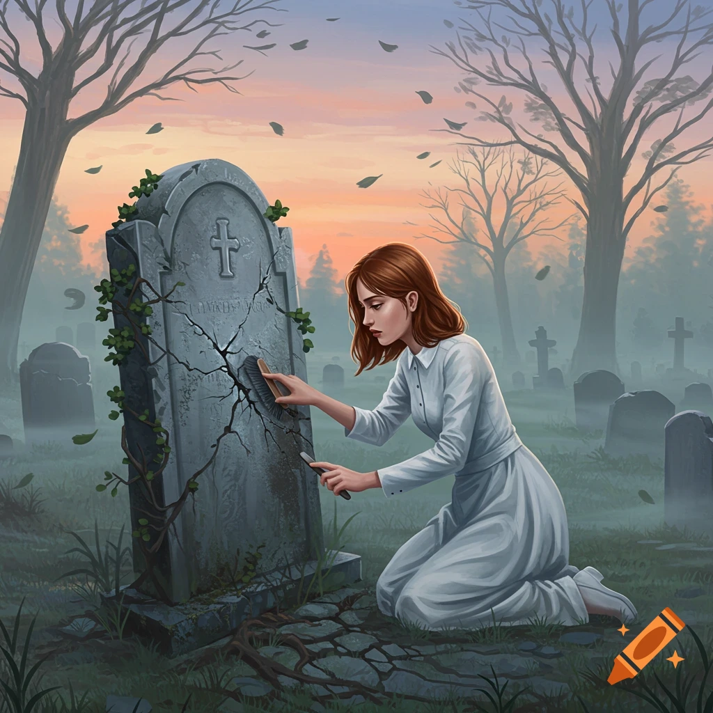 A woman in a white dress kneels in a foggy graveyard, cleaning a cracked tombstone with a brush, stylized art.