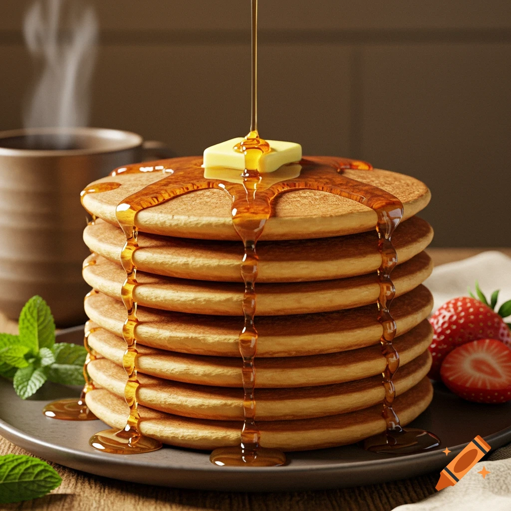 A photorealistic stack of pancakes with melting butter and syrup, garnished with strawberries and mint, beside a steaming cup.