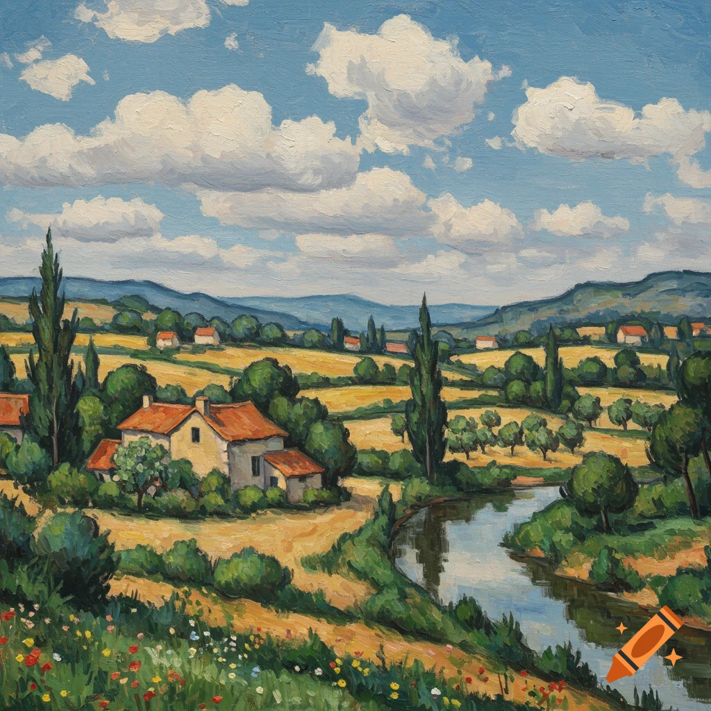 Cézanne-style oil painting of a rural landscape with houses, fields, a river, and distant hills.