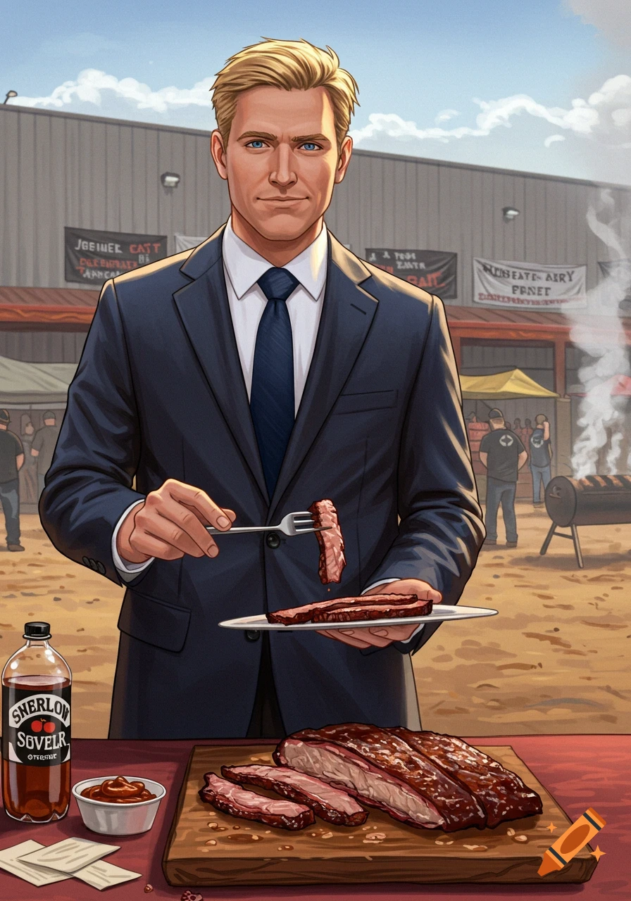 An illustration of a blonde businessman in a suit at an outdoor barbecue, holding a fork with brisket and standing by a table with more meat.