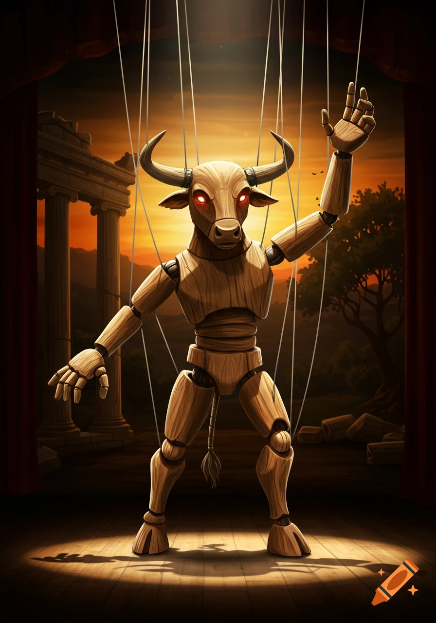 A wooden minotaur puppet with glowing red eyes stands on a spotlighted stage, strings attached, against ancient ruins at sunset.