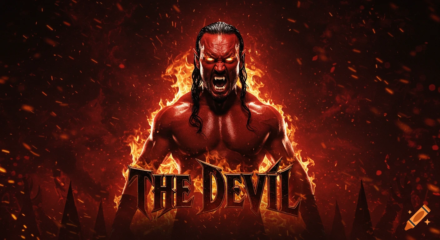 Muscular red demon with glowing eyes and fangs roars amidst fire and sparks, text 'THE DEVIL'.