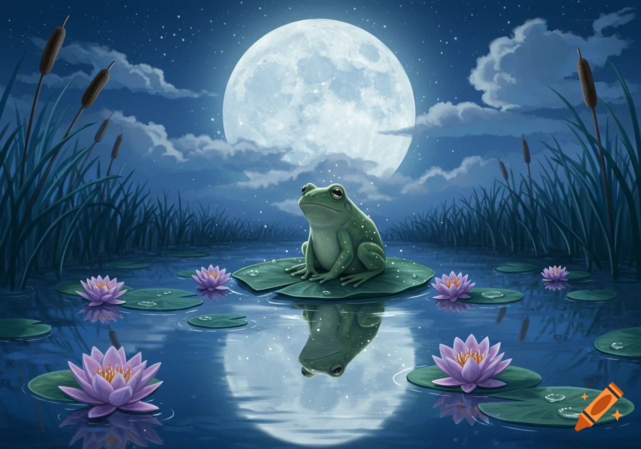 A green frog sits on a lily pad in a moonlit pond, surrounded by pink water lilies and tall reeds under a starry night sky. Fantasy art style.