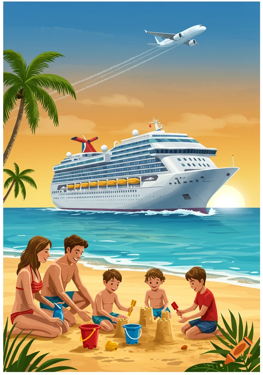 An illustration of a happy family building sandcastles on a beach at sunset, with a cruise ship and an airplane overhead.
