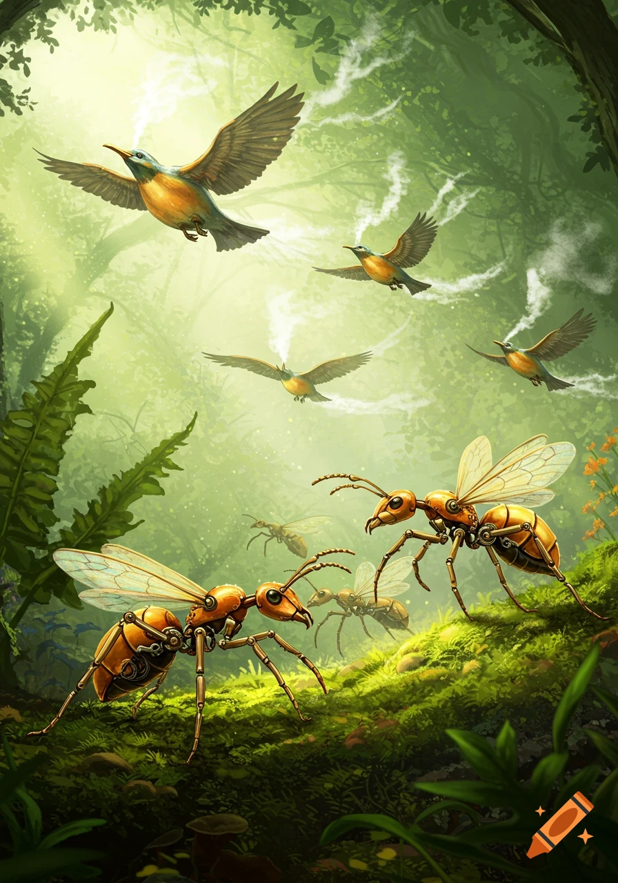 Mechanical steampunk ants on a mossy forest floor, with several birds flying above through sunlit trees.