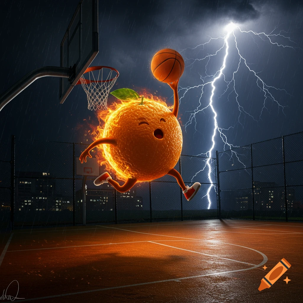 A flaming orange fruit character wearing sneakers dunks a basketball on an outdoor court at night, with lightning in the stormy sky.