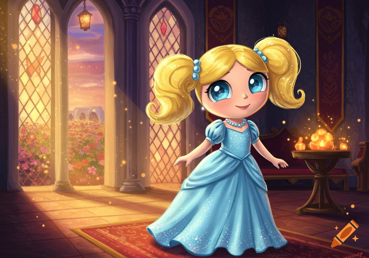 A cute cartoon girl with blonde pigtails, resembling Bubbles from Powerpuff Girls, in a sparkling blue princess gown, standing in a castle.