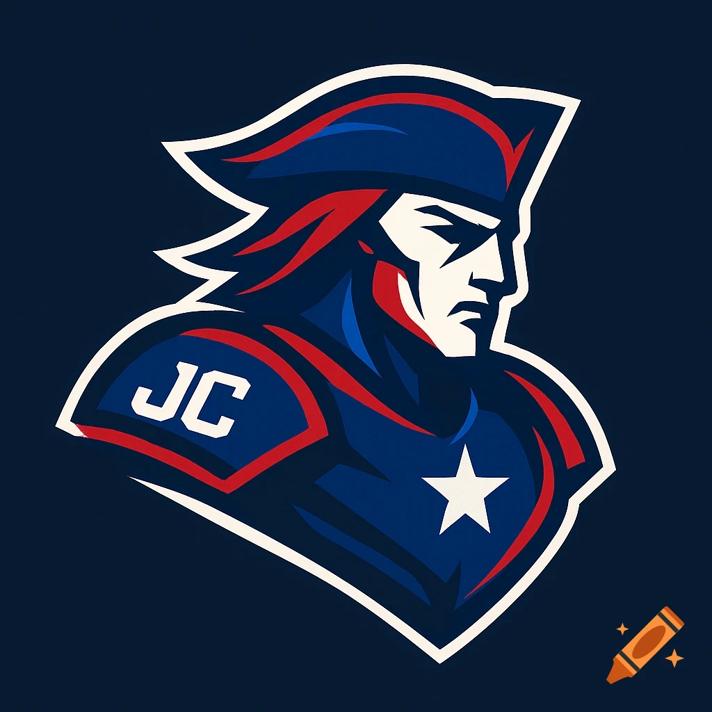Patriotic mascot logo in red, white, and blue, featuring a man in a tricorn hat with 'JC' on his shoulder and a star on his chest.