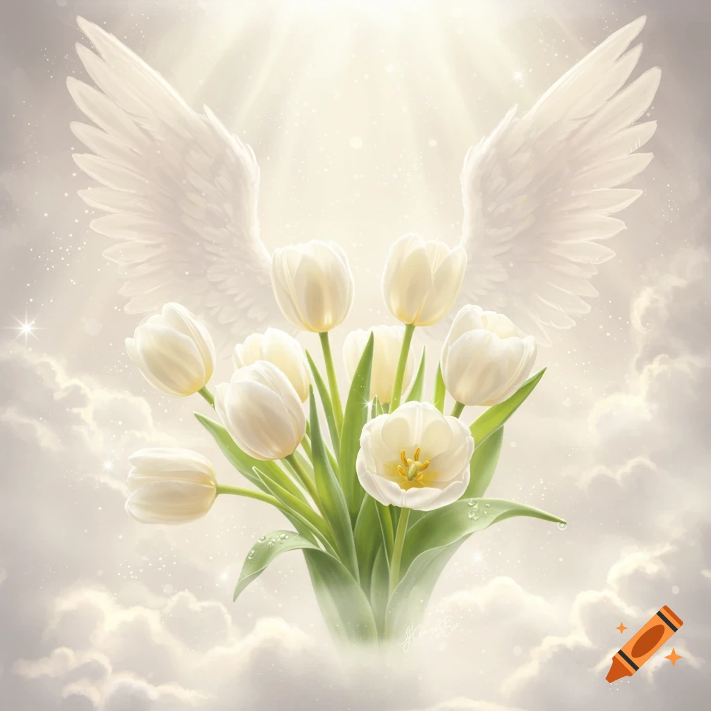A bouquet of luminous white tulips with ethereal angel wings and glowing light in a heavenly, cloudy background.