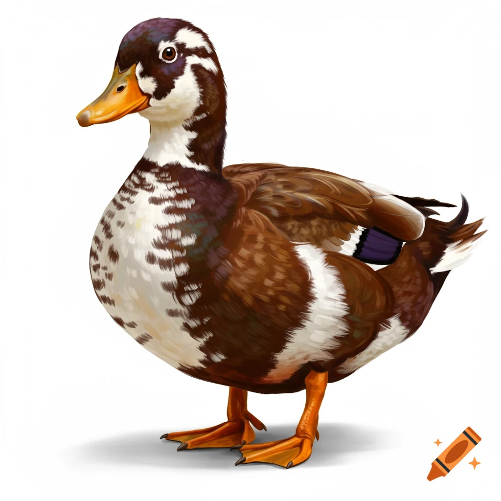 A detailed illustration of a brown and white pied call duck standing on a white background.