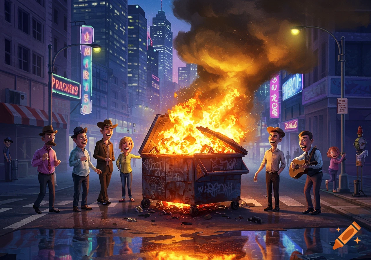 Cartoon characters cheerfully gather around a burning dumpster on a city street at night, with neon signs in the background.