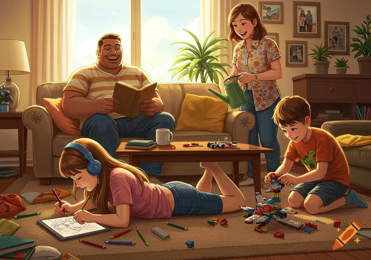A family of four in a brightly lit living room. A father reads on a couch, a mother waters plants, a boy builds with blocks, and a girl draws.