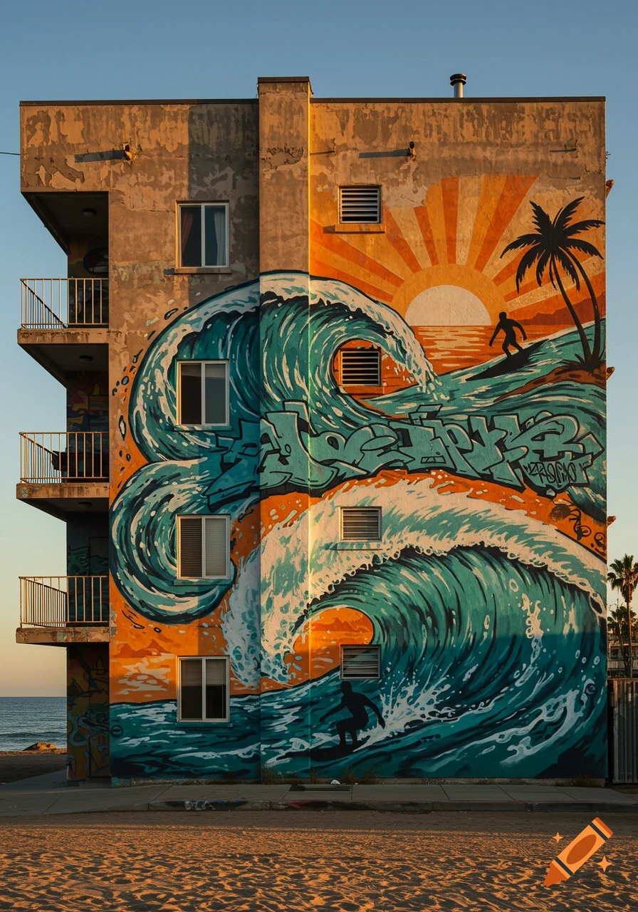 A building with a large, colorful graffiti mural depicting ocean waves, surfers, a palm tree, and a sunset at the beach, seen from a sandy area.