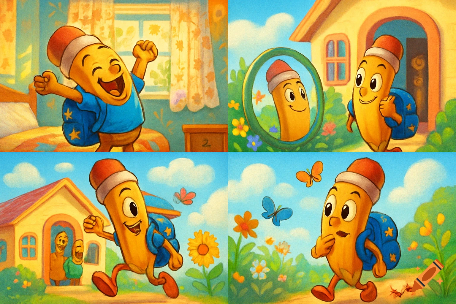 A four-panel whimsical cartoon shows TAPPY the pencil character waking up, checking a mirror, running from a house, and walking in a garden.