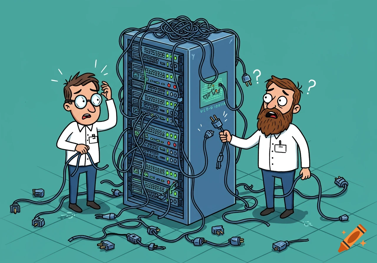 Cartoon of two confused IT guys looking at a server tangled with unplugged cables, on the floor.