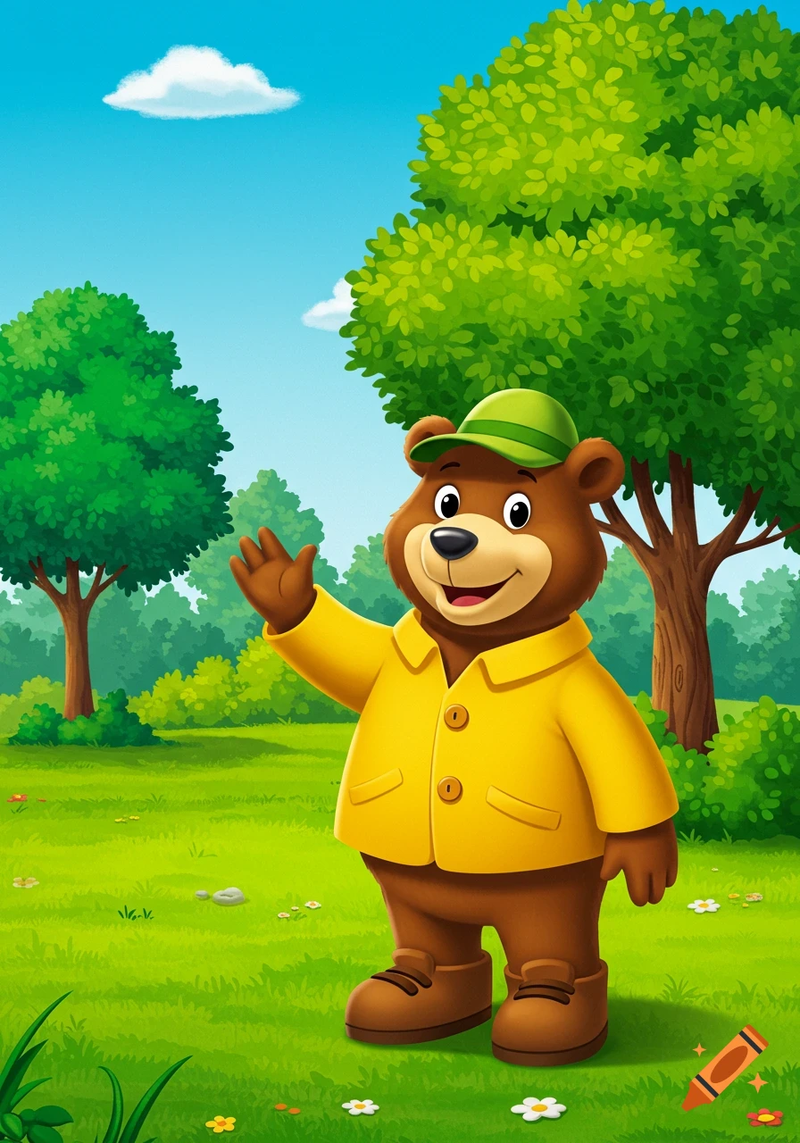 Cartoon illustration of a friendly brown bear, Bollo, in a yellow coat and green hat, waving in a sunny park.