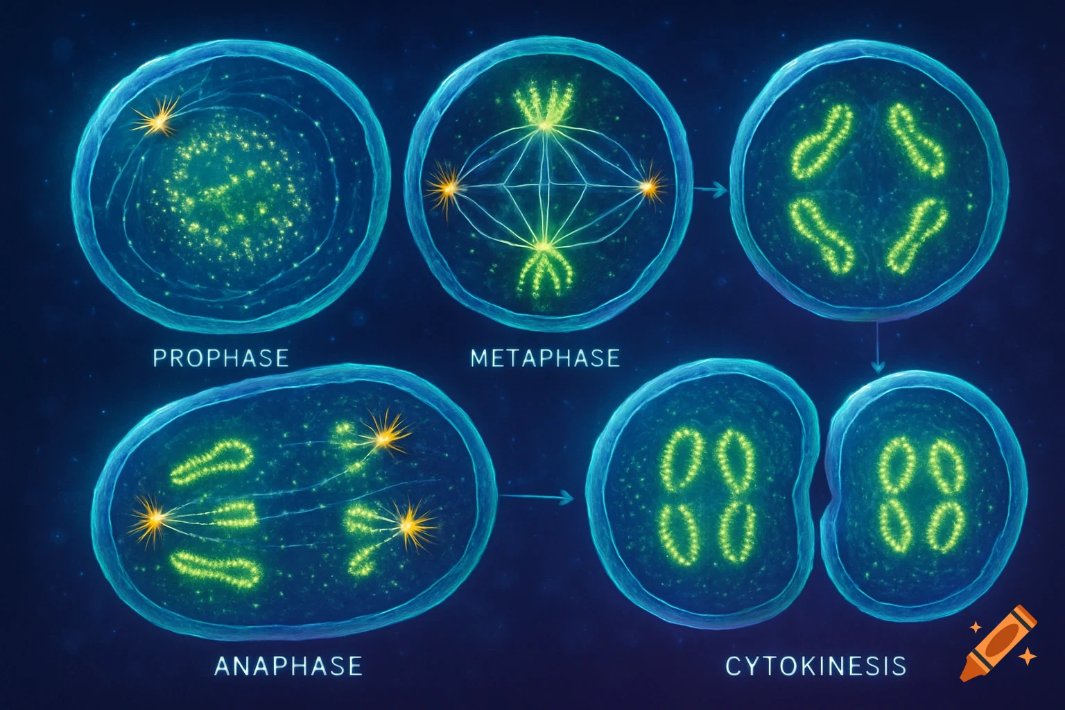 An illustration showing the stages of animal cell mitosis: prophase, metaphase, anaphase, and cytokinesis, with glowing chromosomes and spindle fibers.