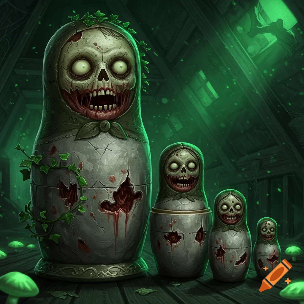 Four zombie matryoshka dolls with gruesome cracked faces and blood-like details in an eerie green-lit room with vines and mushrooms.