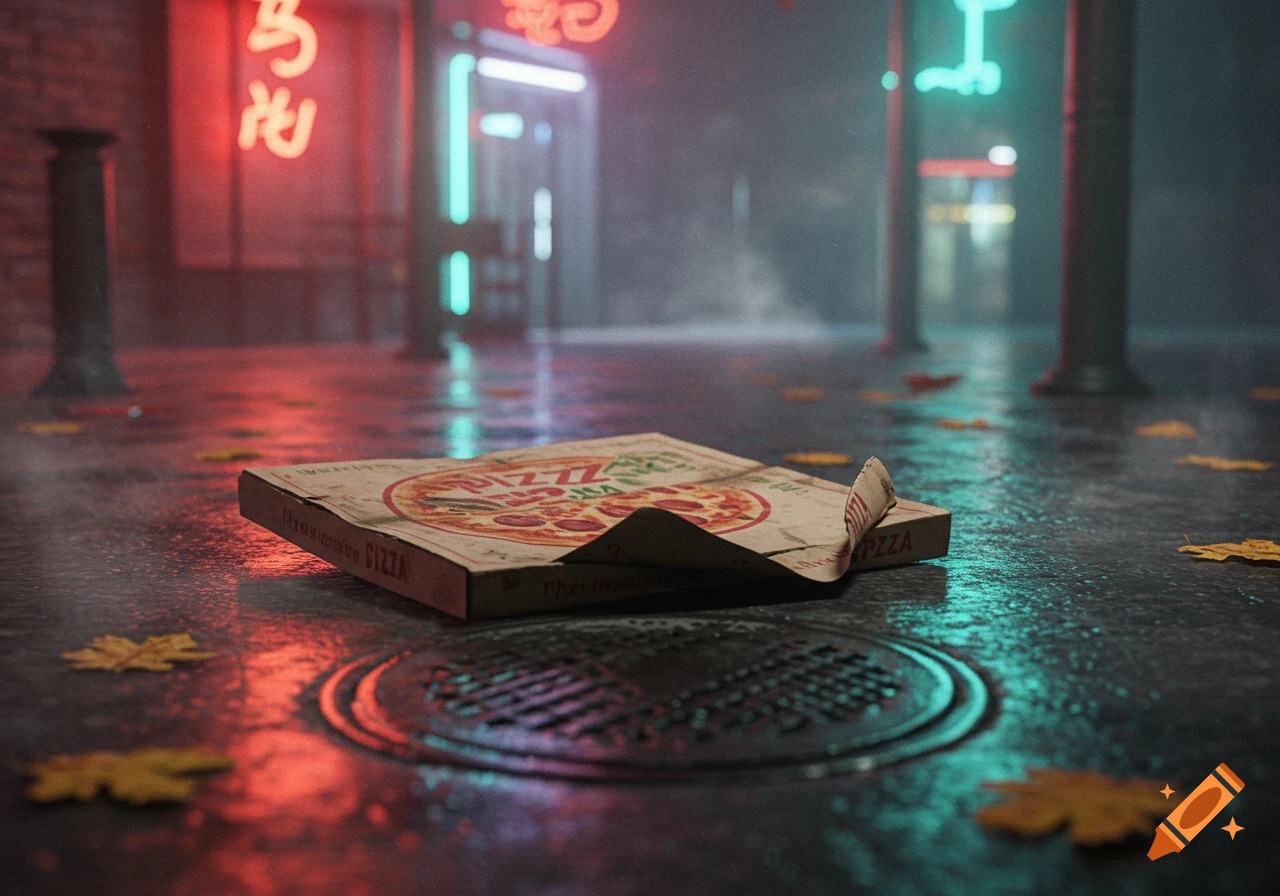 A discarded pizza box lies on a wet, reflective city street at night, illuminated by red and blue neon signs.