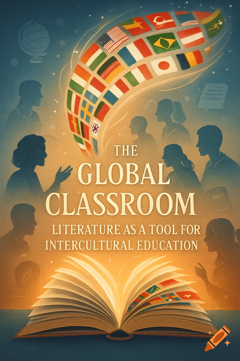 A vintage-style poster for 'The Global Classroom' conference, featuring a glowing book, international flags, and student silhouettes.