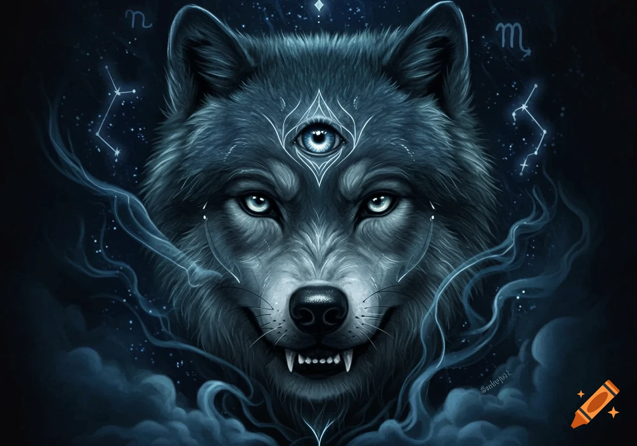 Close-up of a mystical dark wolf with glowing blue eyes and a third eye, surrounded by ethereal blue smoke, constellations, and zodiac symbols against a dark background in a digital painting style.