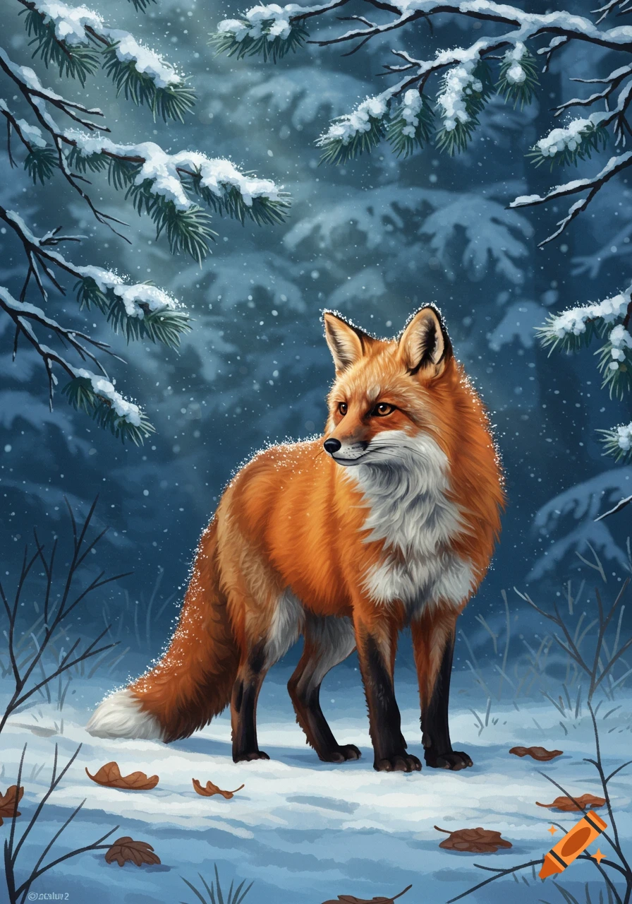 A vibrant red fox stands in a snowy forest as snowflakes fall around snow-covered pine branches.