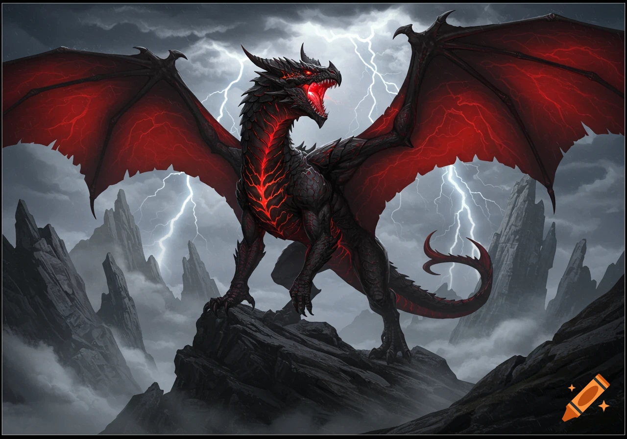 A powerful black and red wyvern with glowing red eyes and chest stands on a rocky peak amidst a stormy, lightning-filled sky.