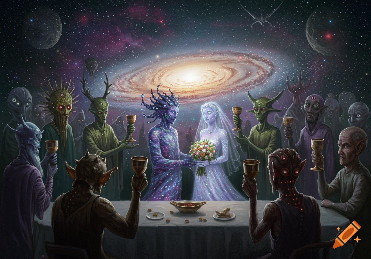 A detailed cosmic horror fantasy painting of an alien wedding ceremony under a galaxy, with alien guests raising goblets.