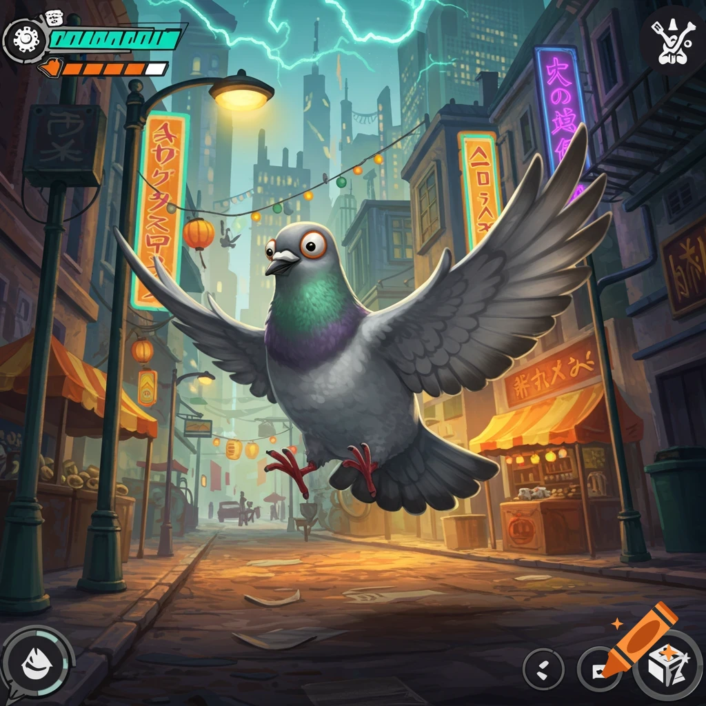 A stylized cartoon pigeon with wide eyes flies through a vibrant, neon-lit Asian-inspired city street at night, with lightning in the sky.
