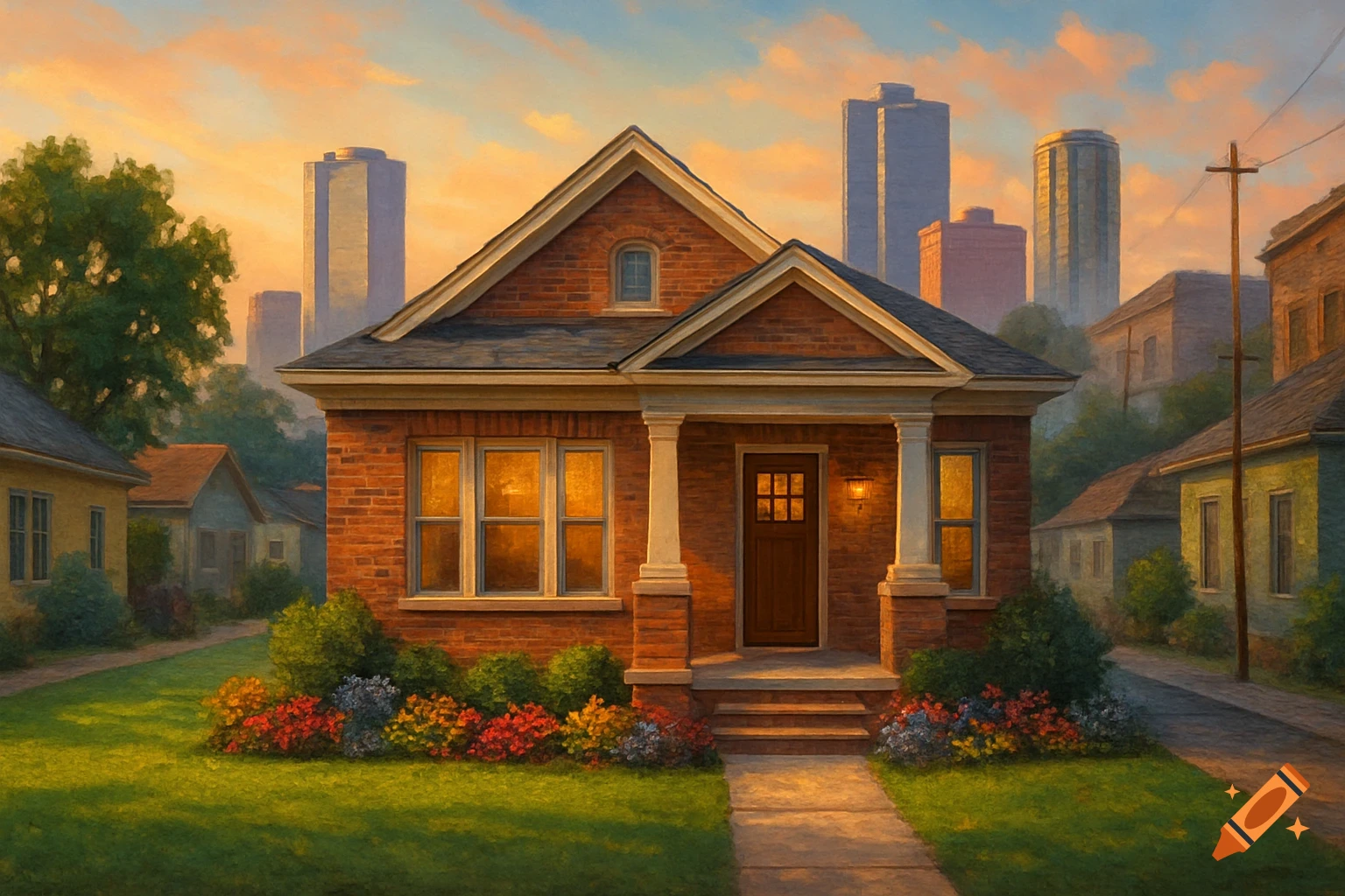 A painterly depiction of a red brick house with a porch and garden, backed by a city skyline at sunset.