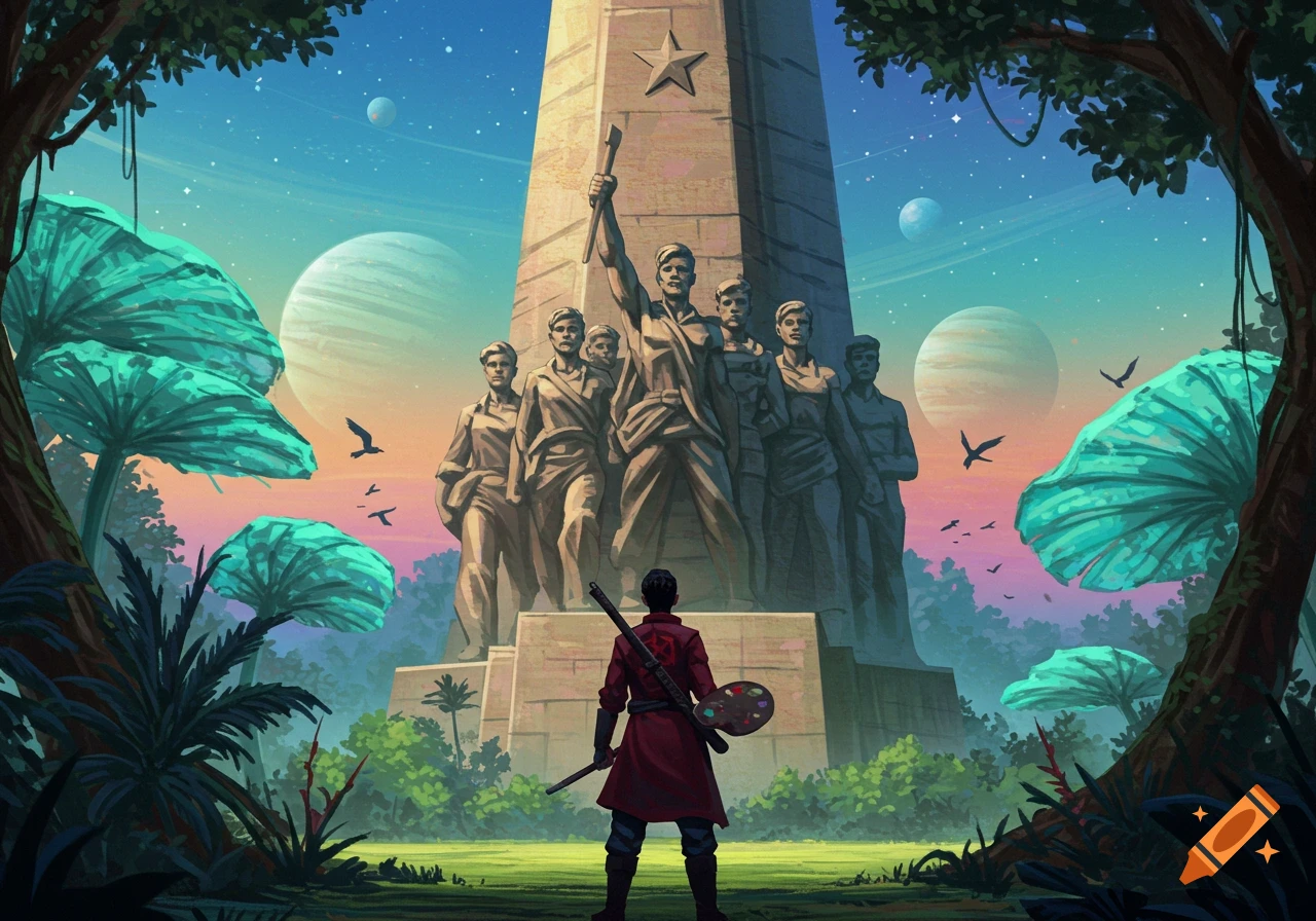 A person with a paint palette stands before a towering monument of workers on a vibrant alien planet under a twilight sky.