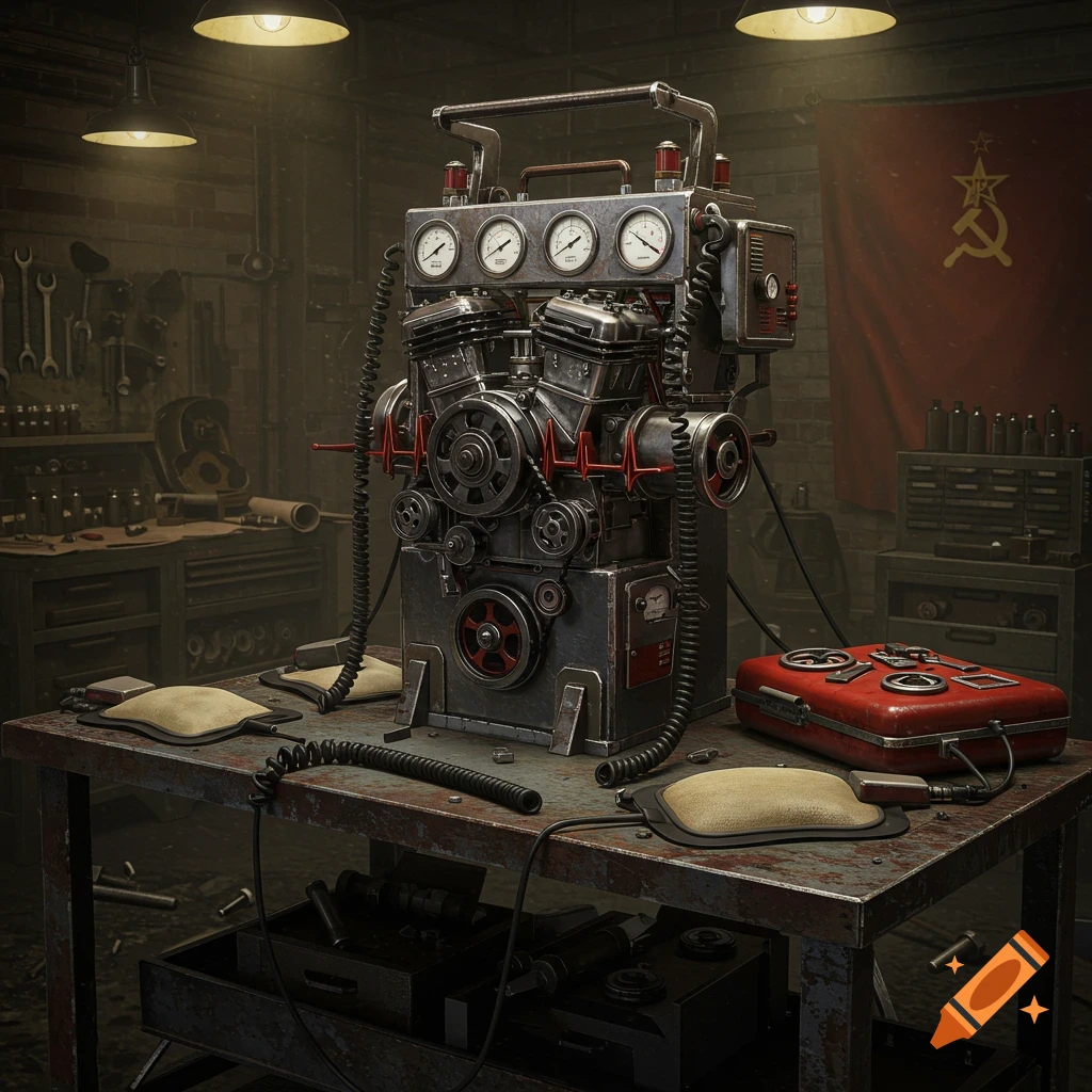 A complex, retro-futuristic machine, resembling a defibrillator with engine components and gauges, sits on a workbench in a dimly lit, gritty workshop with a Soviet flag hanging on the wall.