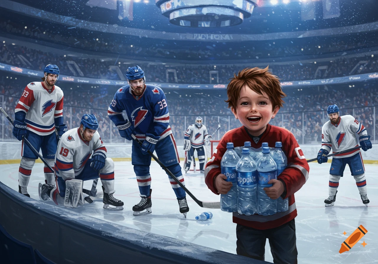 A smiling boy in a red shirt holds a stack of water bottles on an ice rink, surrounded by hockey players in blue, red, and white jerseys during a game.