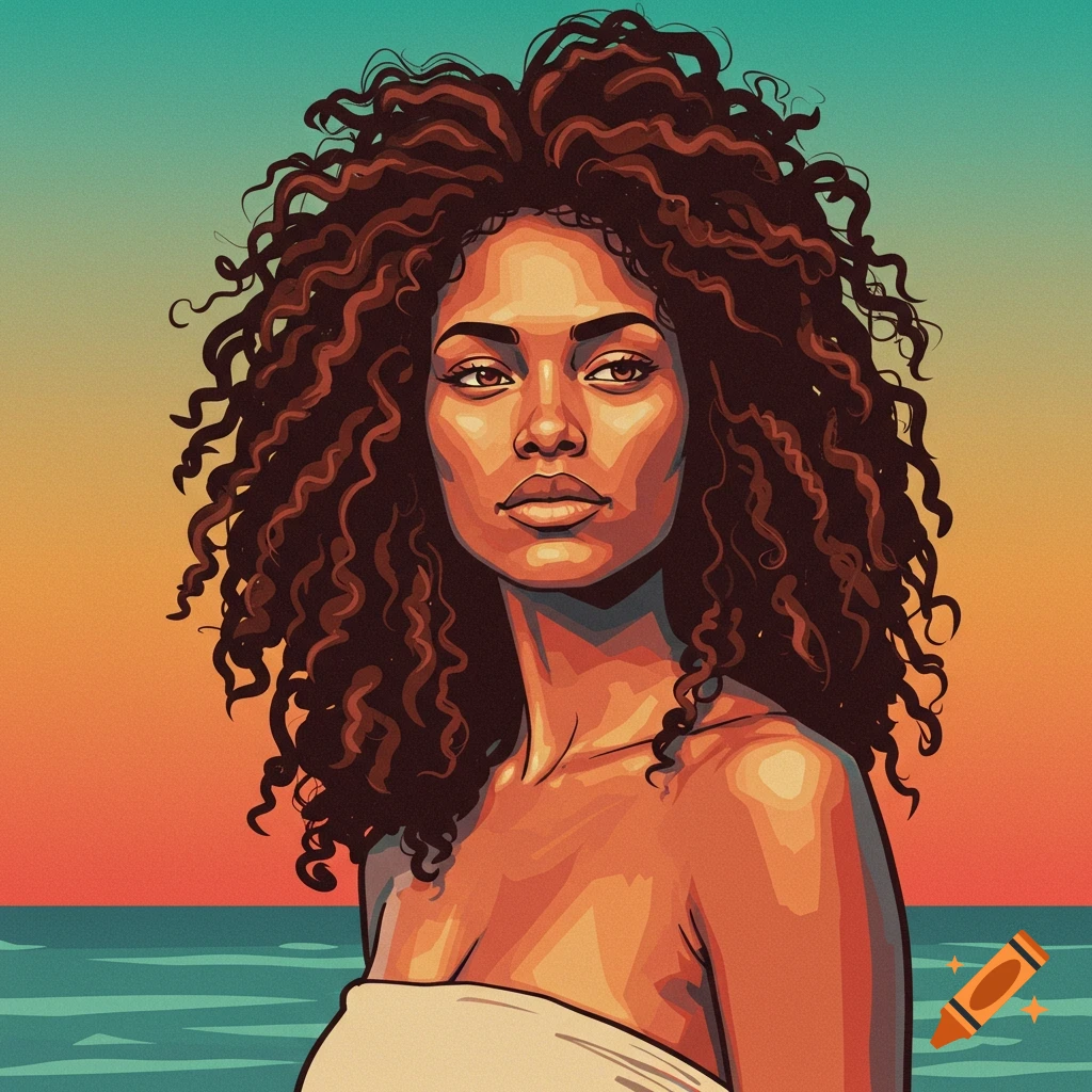 Graphic style portrait of an island woman with voluminous curly hair against a sunset, wearing a white cloth. Retro feel.