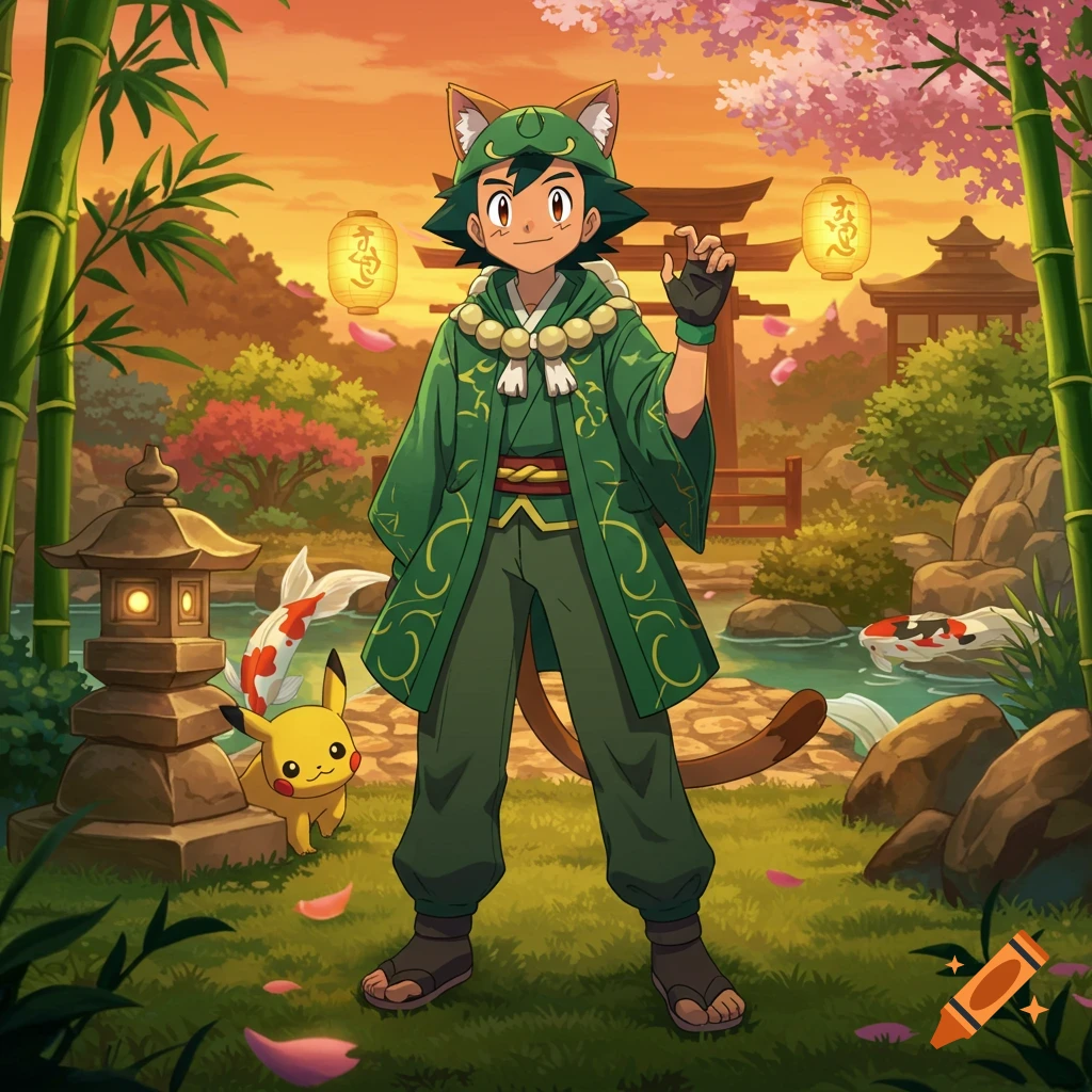 Anime Ash Ketchum wearing a green cat-eared kimono, standing with Pikachu in a serene Japanese garden with koi fish and cherry blossoms.
