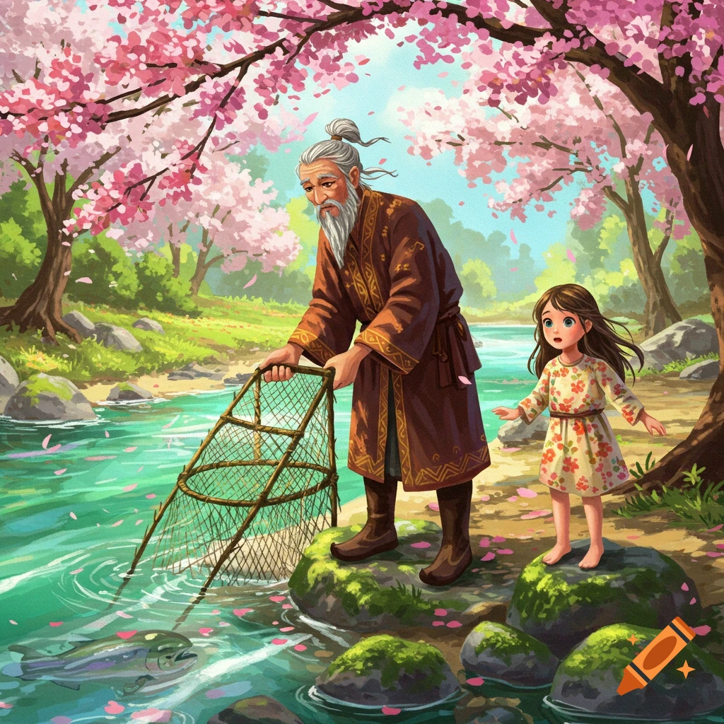 An old man in a robe places a fish trap into a river under pink cherry trees, with a young girl watching. Illustrated style.