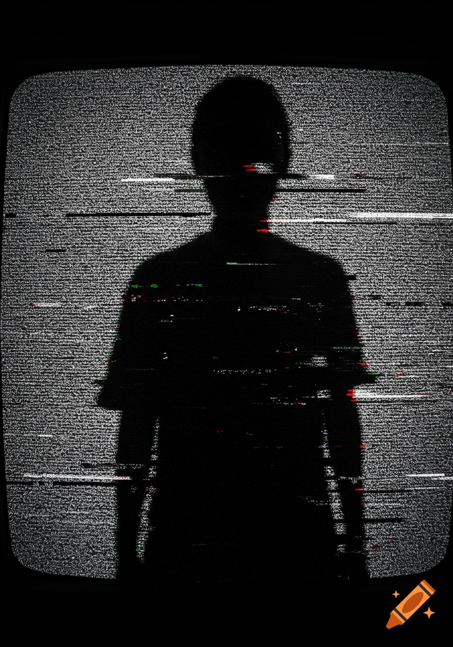 Dark silhouette of a person against glitchy TV static, framed on an old television screen.