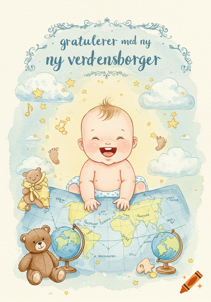 Watercolor illustration of a happy baby sitting on a world map surrounded by teddy bears and globes, with text 'gratulerer med ny verdensborger'.