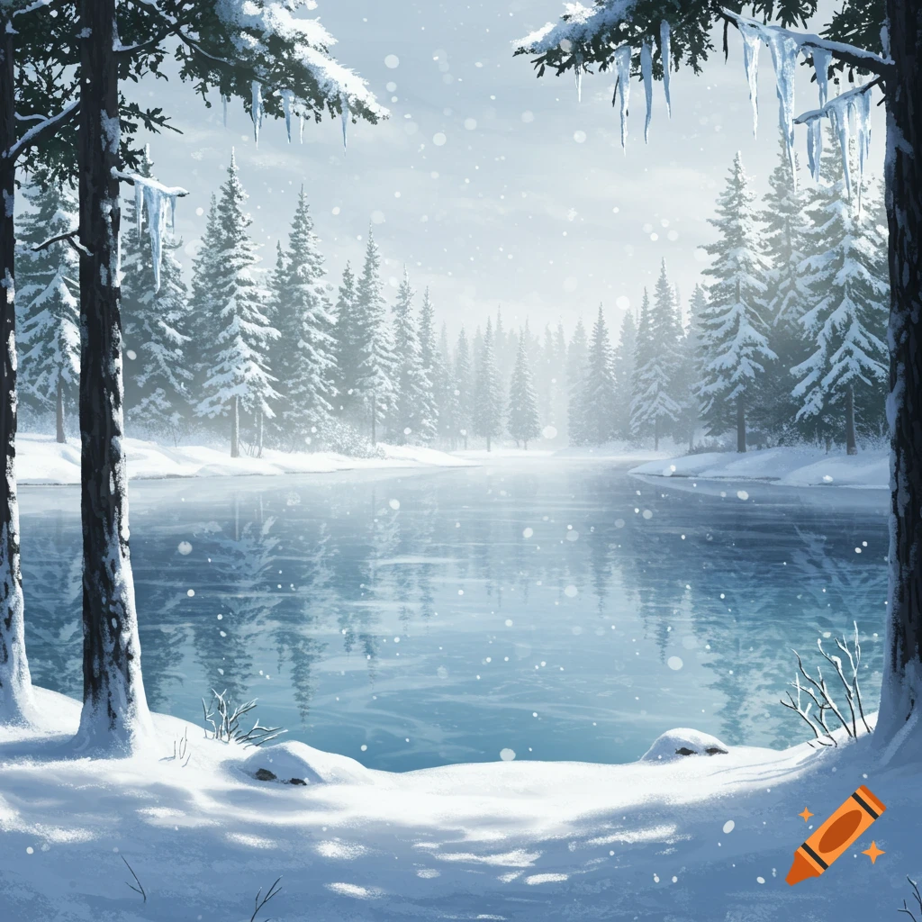 A tranquil winter landscape featuring a frozen lake surrounded by snow-covered pine trees under falling snow.